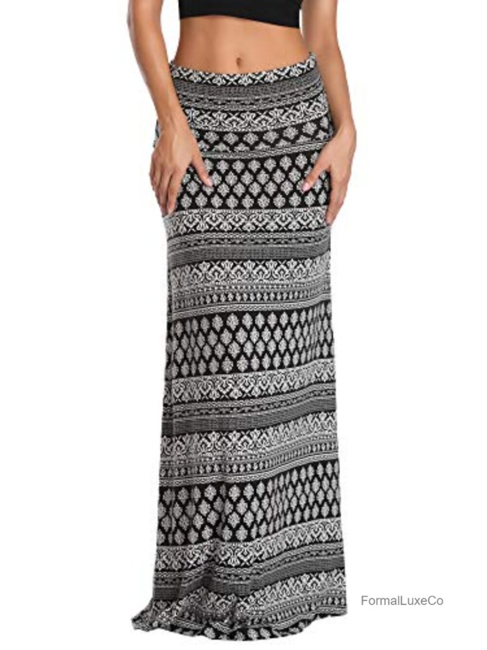 Women's High Waist Fold-Over Flare Maxi Skirt Stretchy Comfy Long